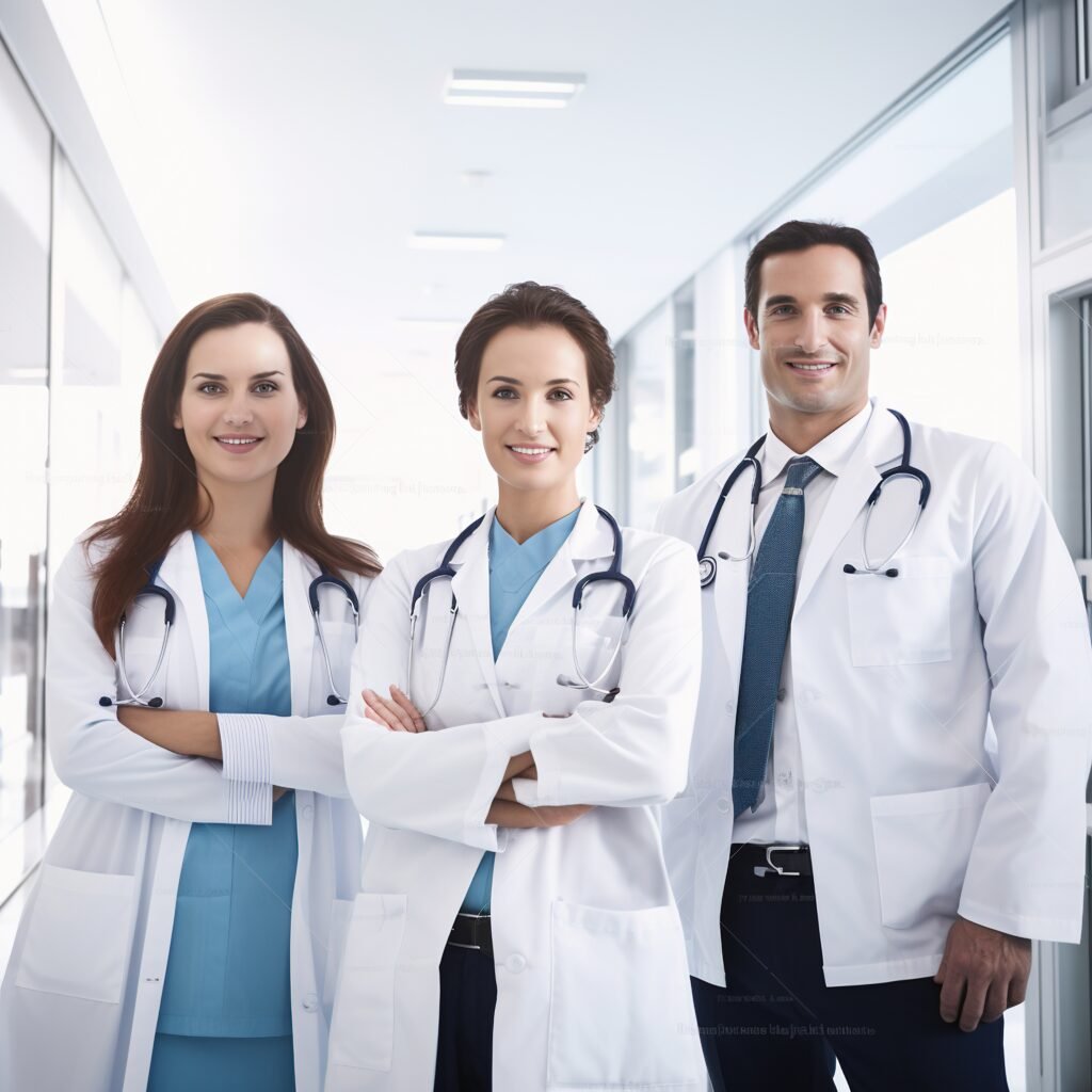 Team of 3 doctors, 2 females and one male stand in the hall smiling. Medazur Medical Clinic.
