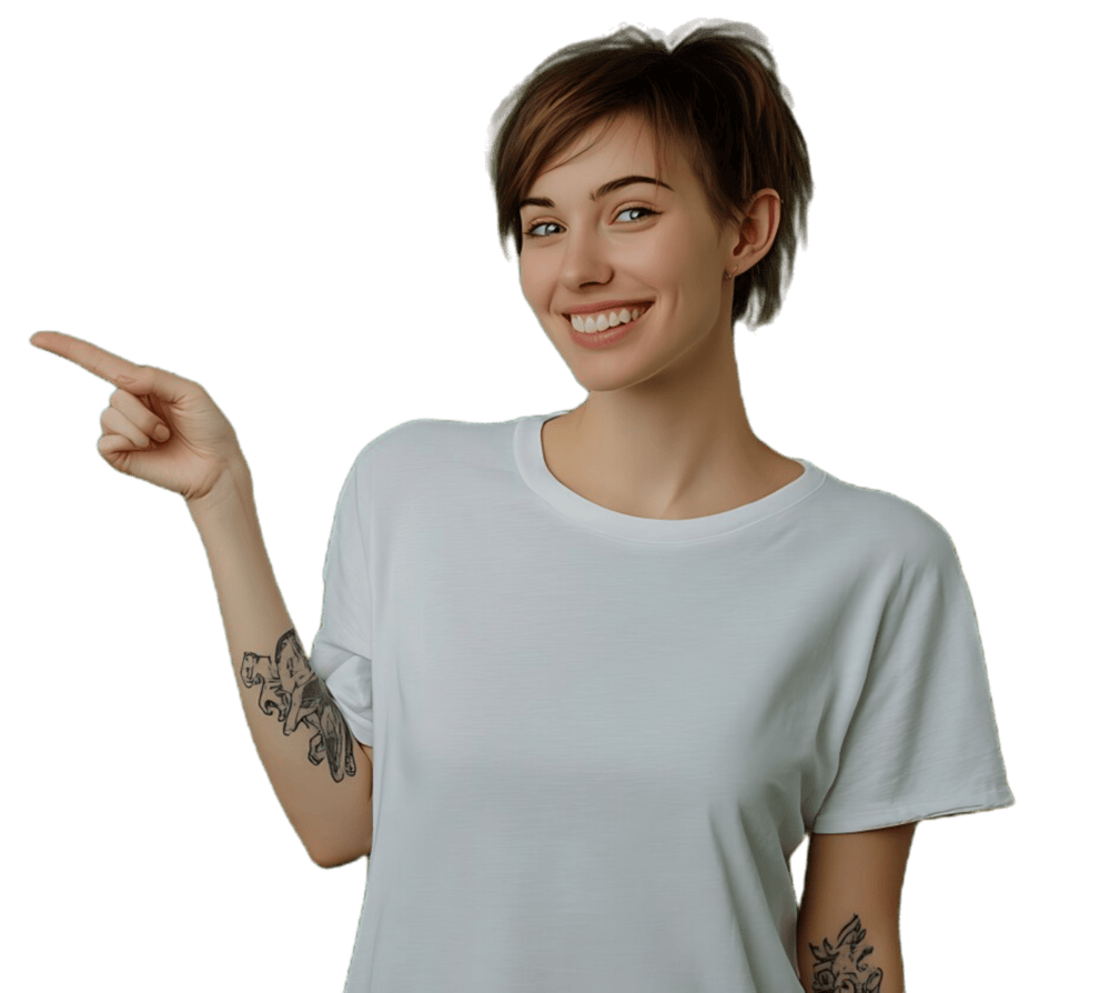 Young Woman Pointing Right With Her Finger. Medazur Medical Clinic in Leytonstone.